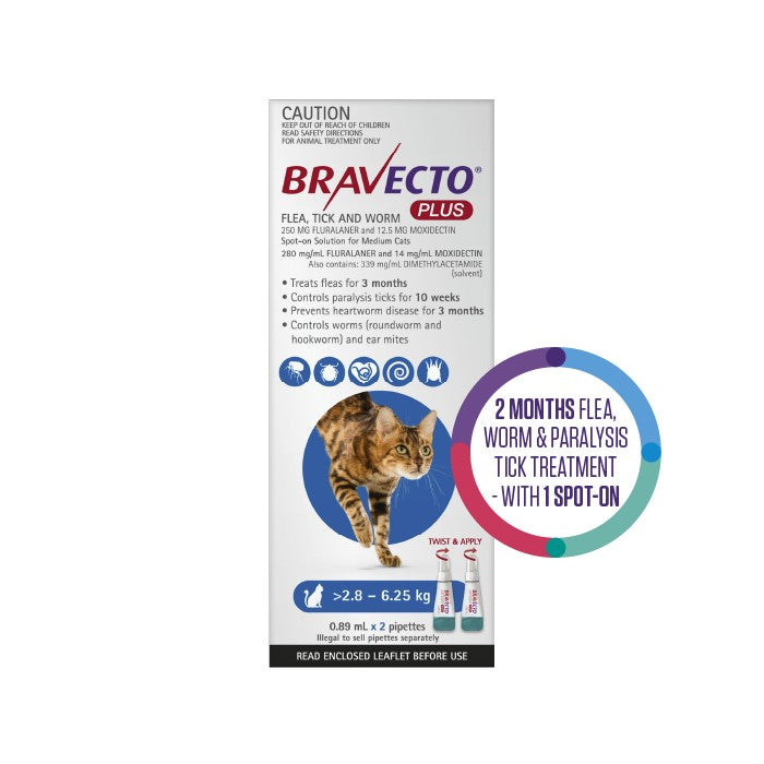 Bravecto Plus Flea, Tick & Worming Treatment Medium Cat
