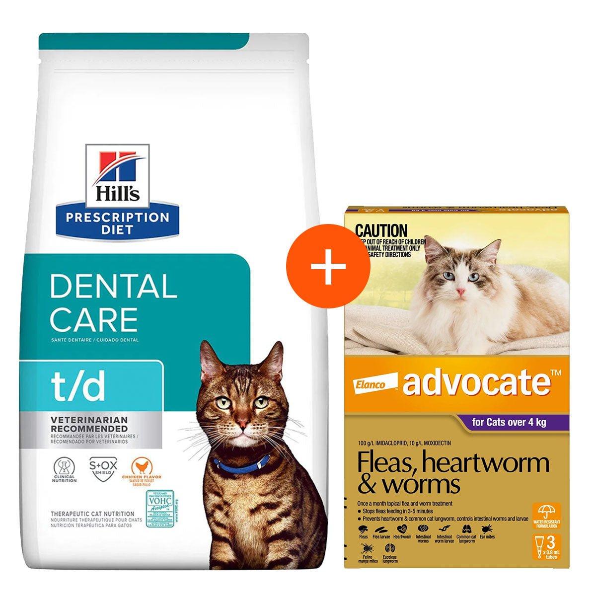 Hill's Prescription Diet T/D Dental Care Dry Cat Food 3kg + Advocate 3 Pack Bundle