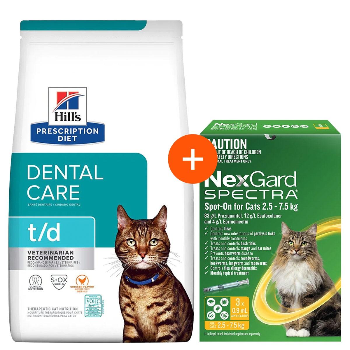 Hill's Prescription Diet T/D Dental Care Dry Cat Food 3kg + NexGard Spectra 3 Pack Bundle