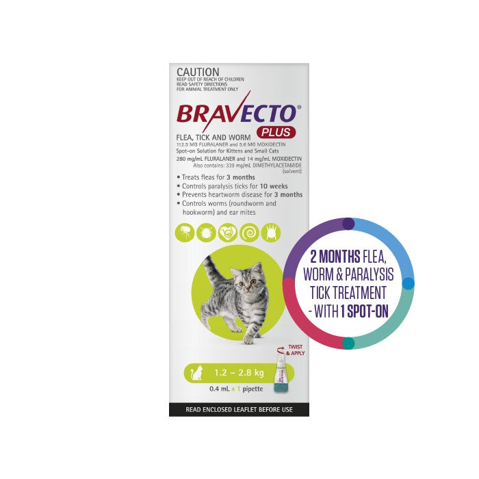 Bravecto Plus Flea, Tick & Worming Treatment 1.2-2.8kg Cat & Kitten