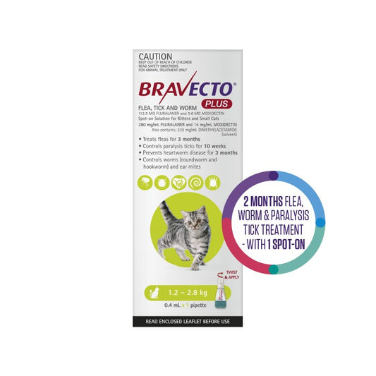 Bravecto Plus Flea, Tick & Worming Treatment 1.2-2.8kg Cat & Kitten