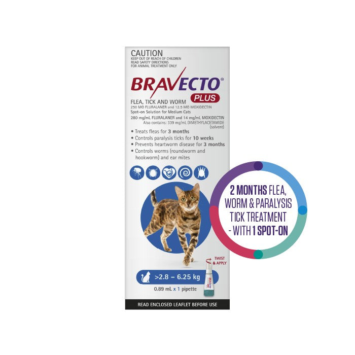 Bravecto Plus Flea, Tick & Worming Treatment Medium Cat