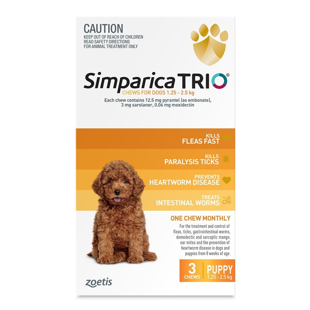 Simparica Trio Yellow For Puppy Dogs 1.25-2.5kg 3pk