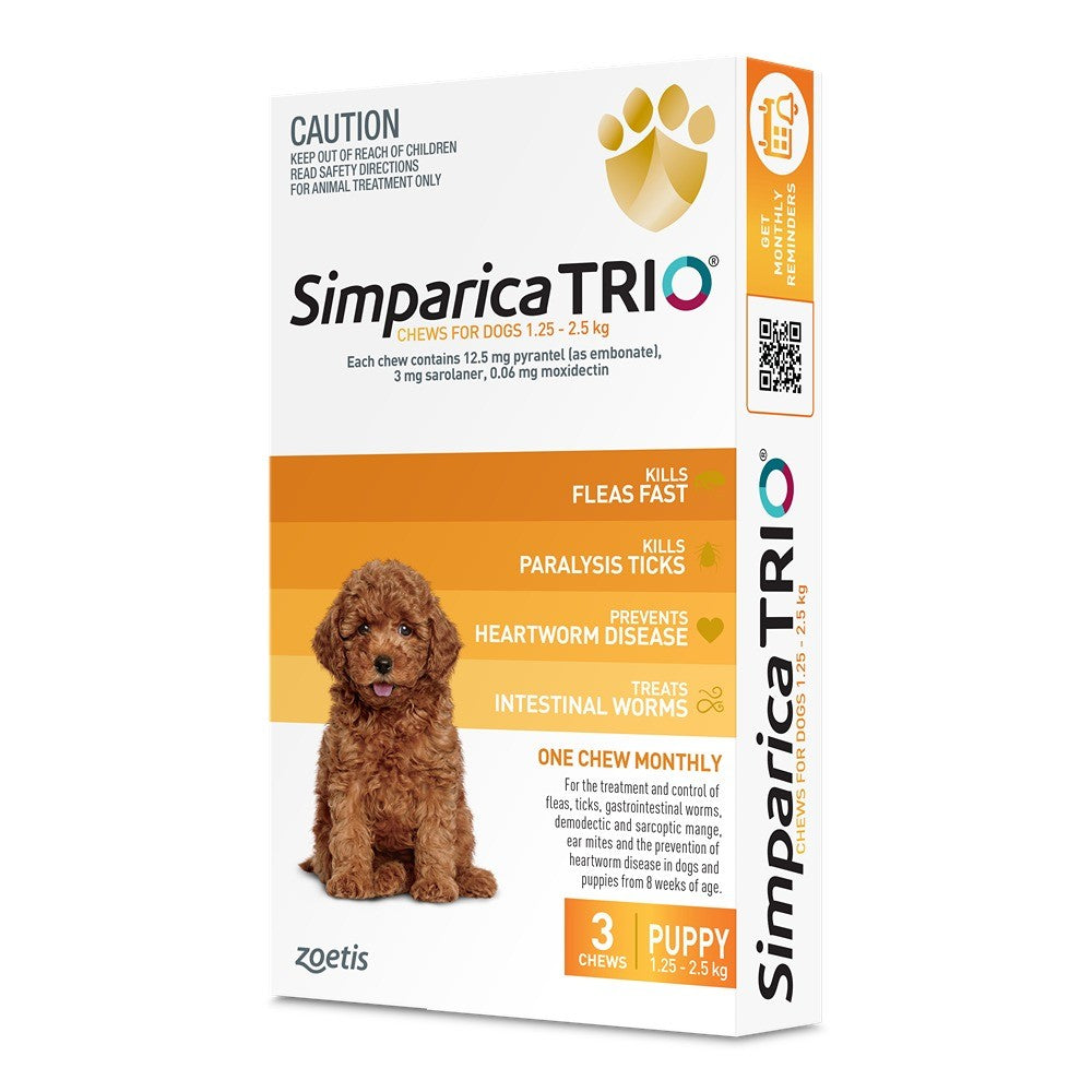 Simparica Trio Yellow For Puppy Dogs 1.25-2.5kg 3pk