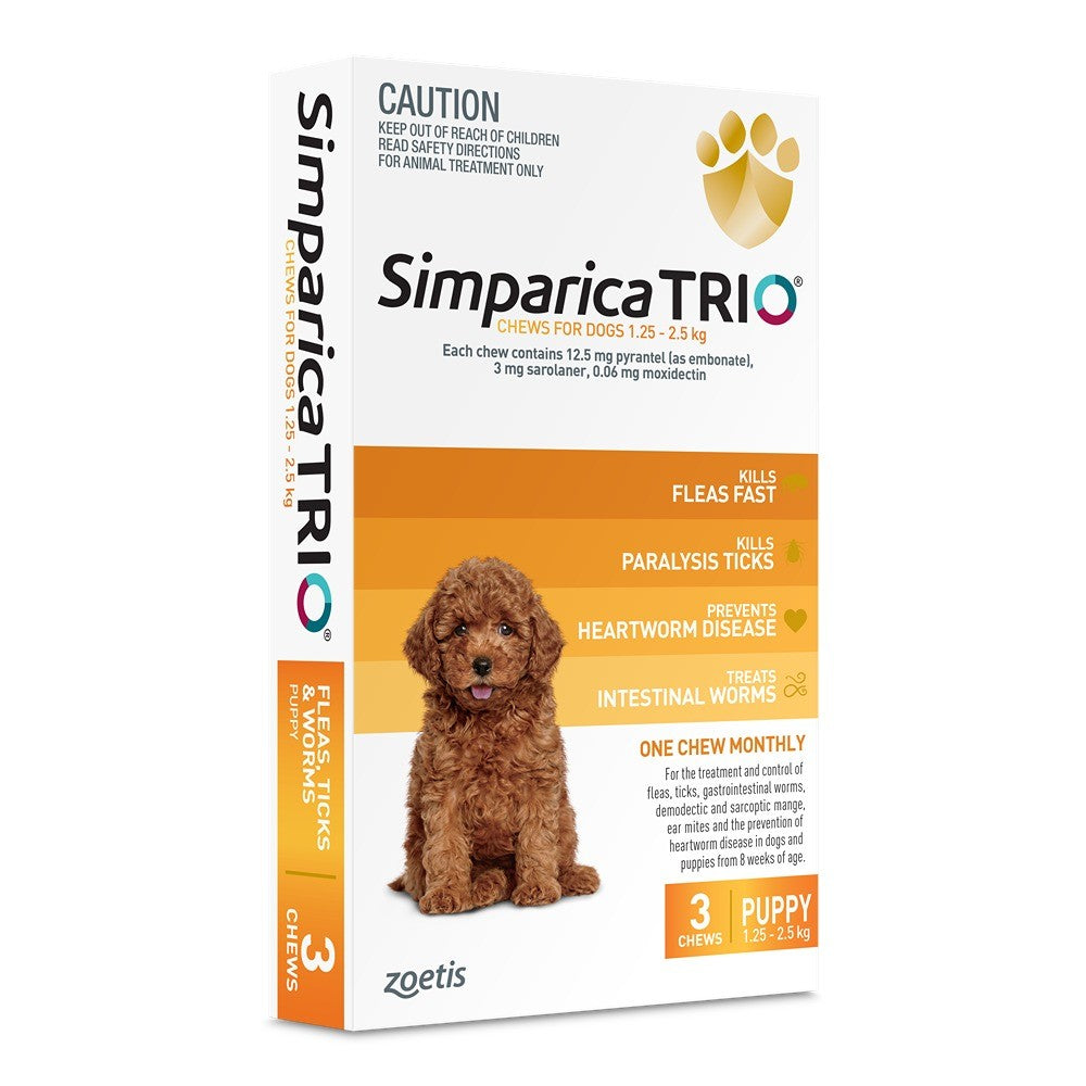 Simparica Trio Yellow For Puppy Dogs 1.25-2.5kg 3pk