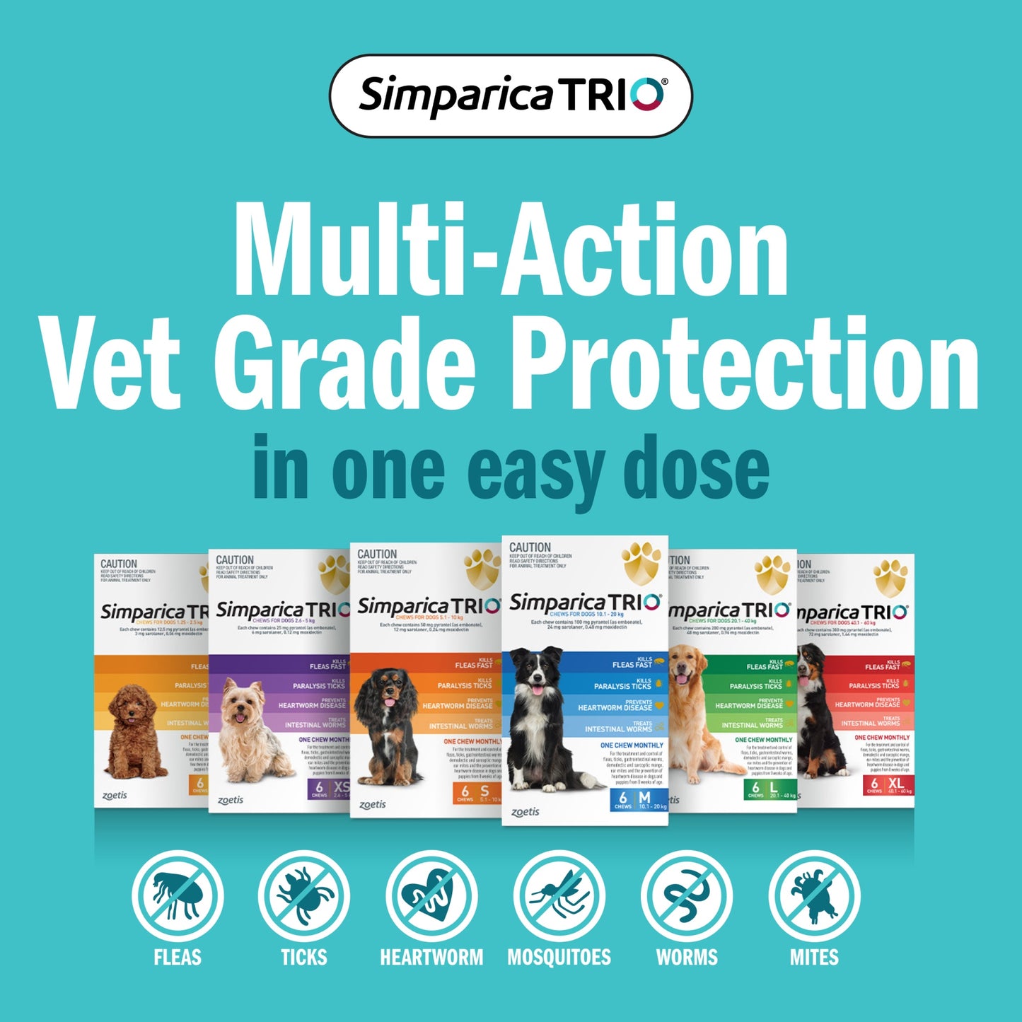 Simparica Trio Medium Breed 10.1-20kg Flea, Tick & Worm Dog Chews