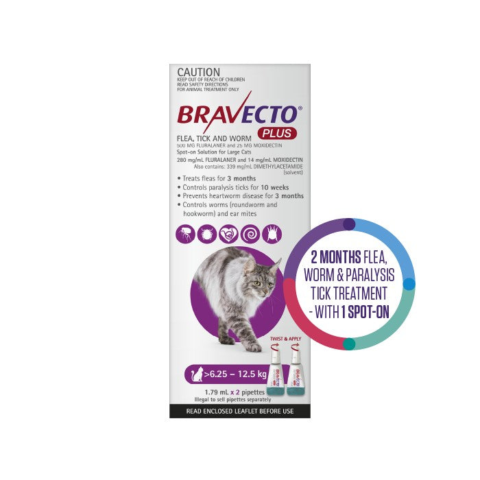 Bravecto Plus Flea, Tick & Worming Treatment 6.25-12.5kg Cat