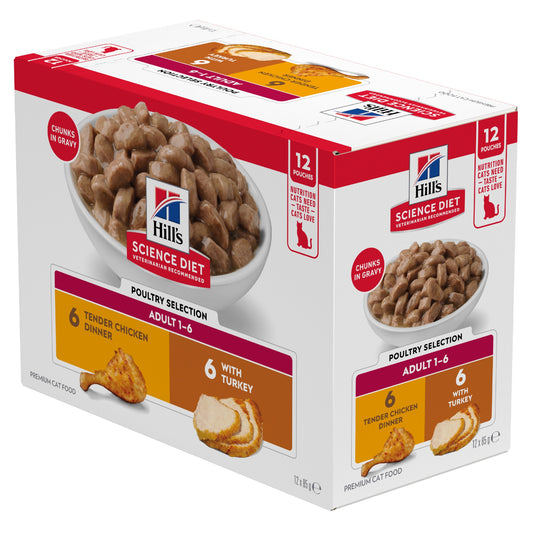 Hill's Science Diet Adult Poultry Selection Variety Pack (6 Chicken, 6 Turkey) Pouch Cat Food 12x85g