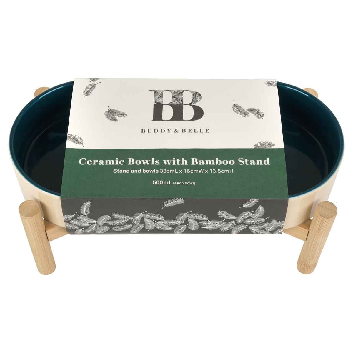 Buddy & Belle Ceramic Bowls with Bamboo Stand