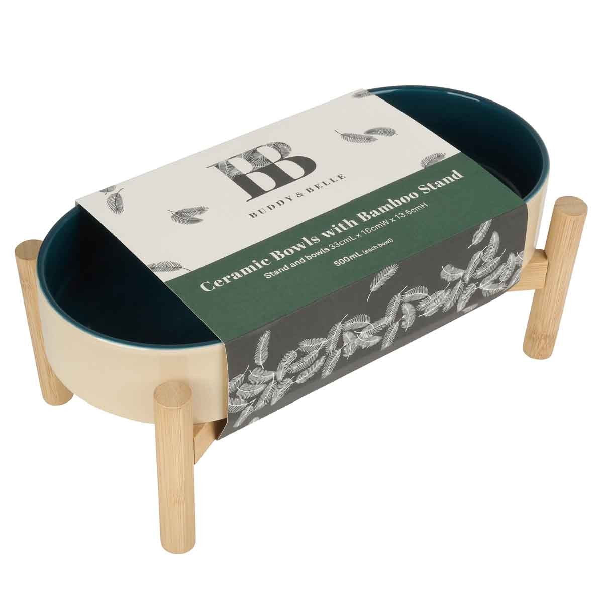 Buddy & Belle Ceramic Bowls with Bamboo Stand