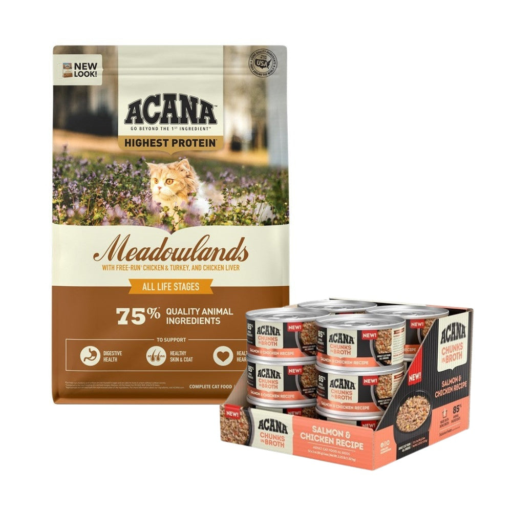 Acana Adult Meadowlands High Protein + Salmon & Chicken Cat Food Bundle