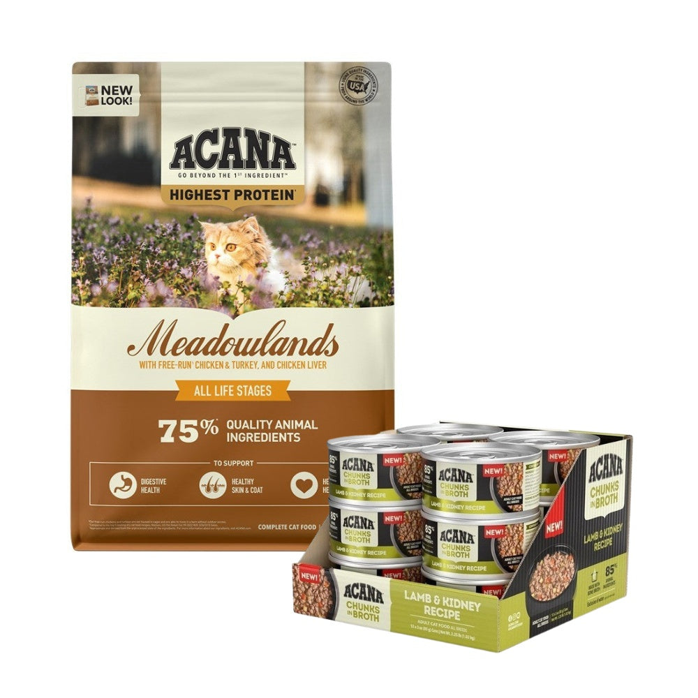 Acana Adult Meadowlands High Protein + Lamb & Kidney Cat Food Bundle