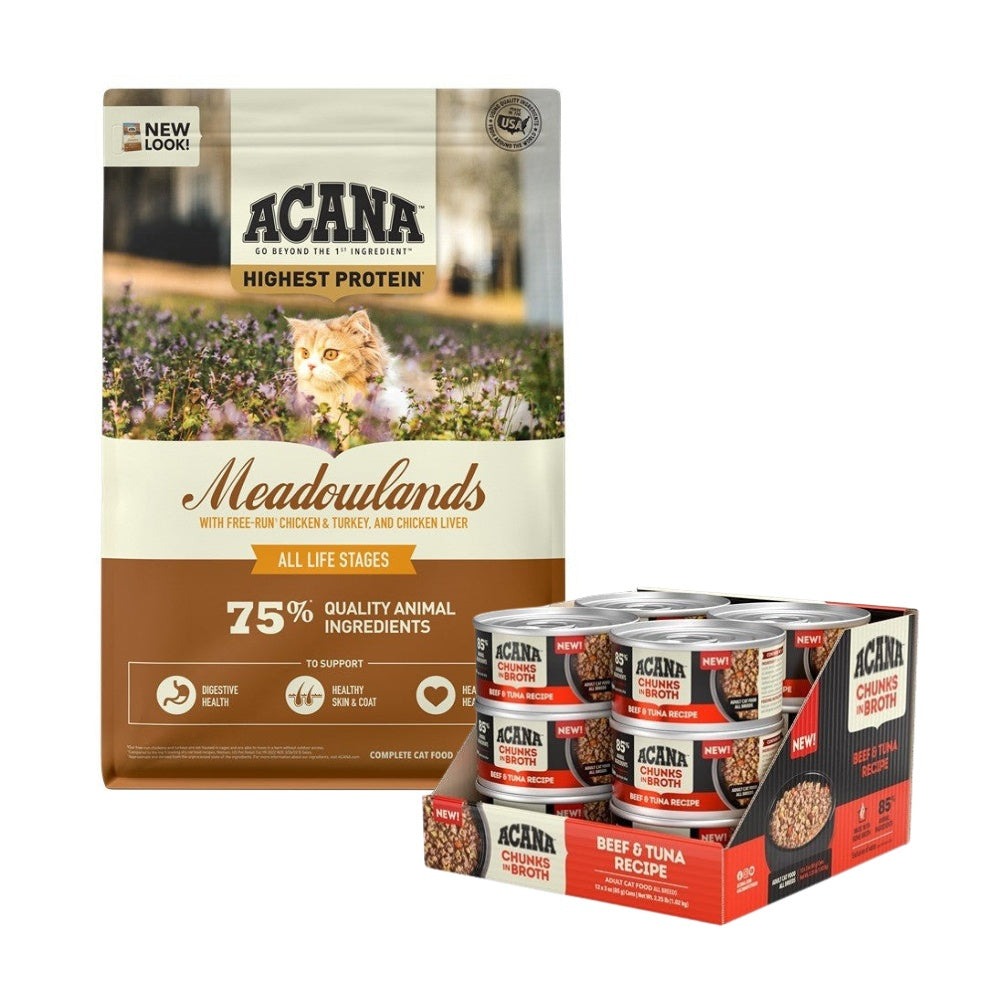 Acana Adult Meadowlands High Protein + Beef & Tuna Cat Food Bundle