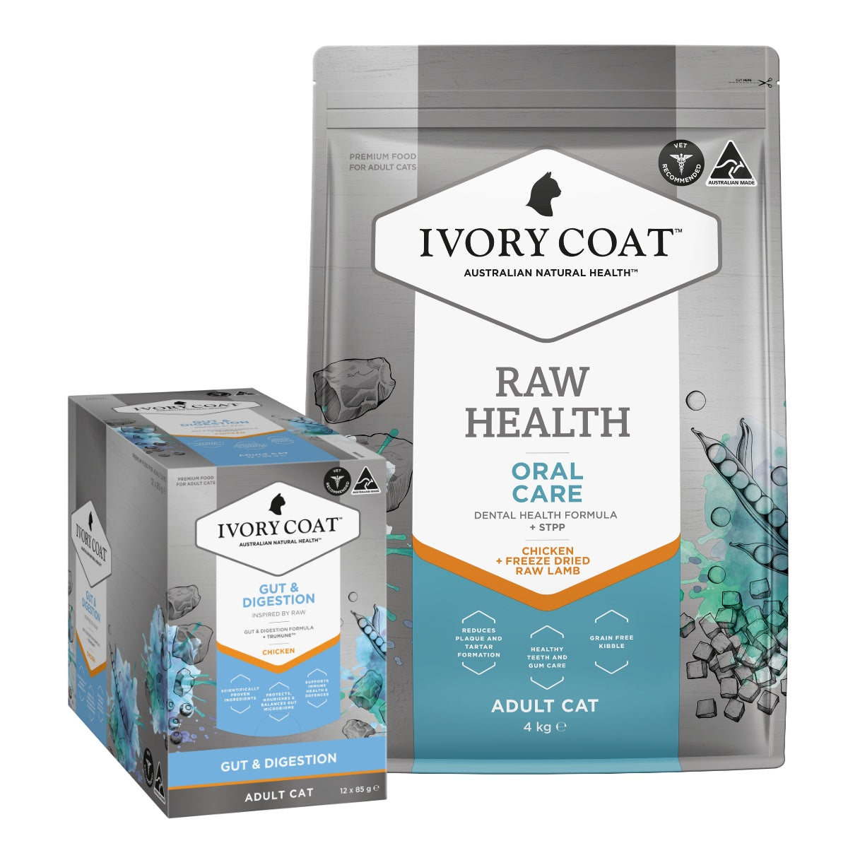 Ivory Coat Raw Health Oral Care + Gut & Digestion Cat Food Bundle