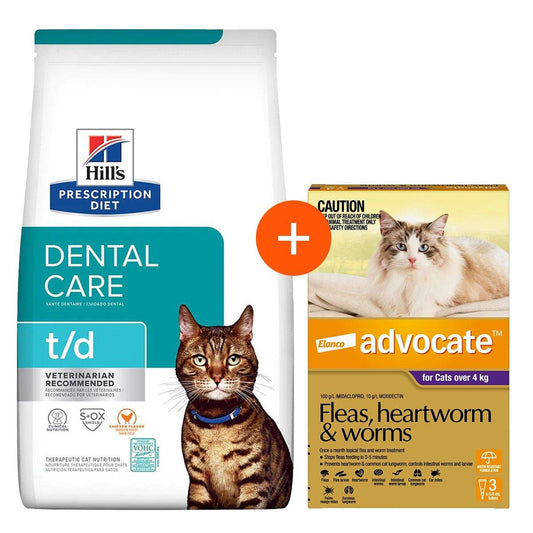 Hill's Prescription Diet T/D Dental Care Dry Cat Food 3kg + Advocate 3 Pack Bundle