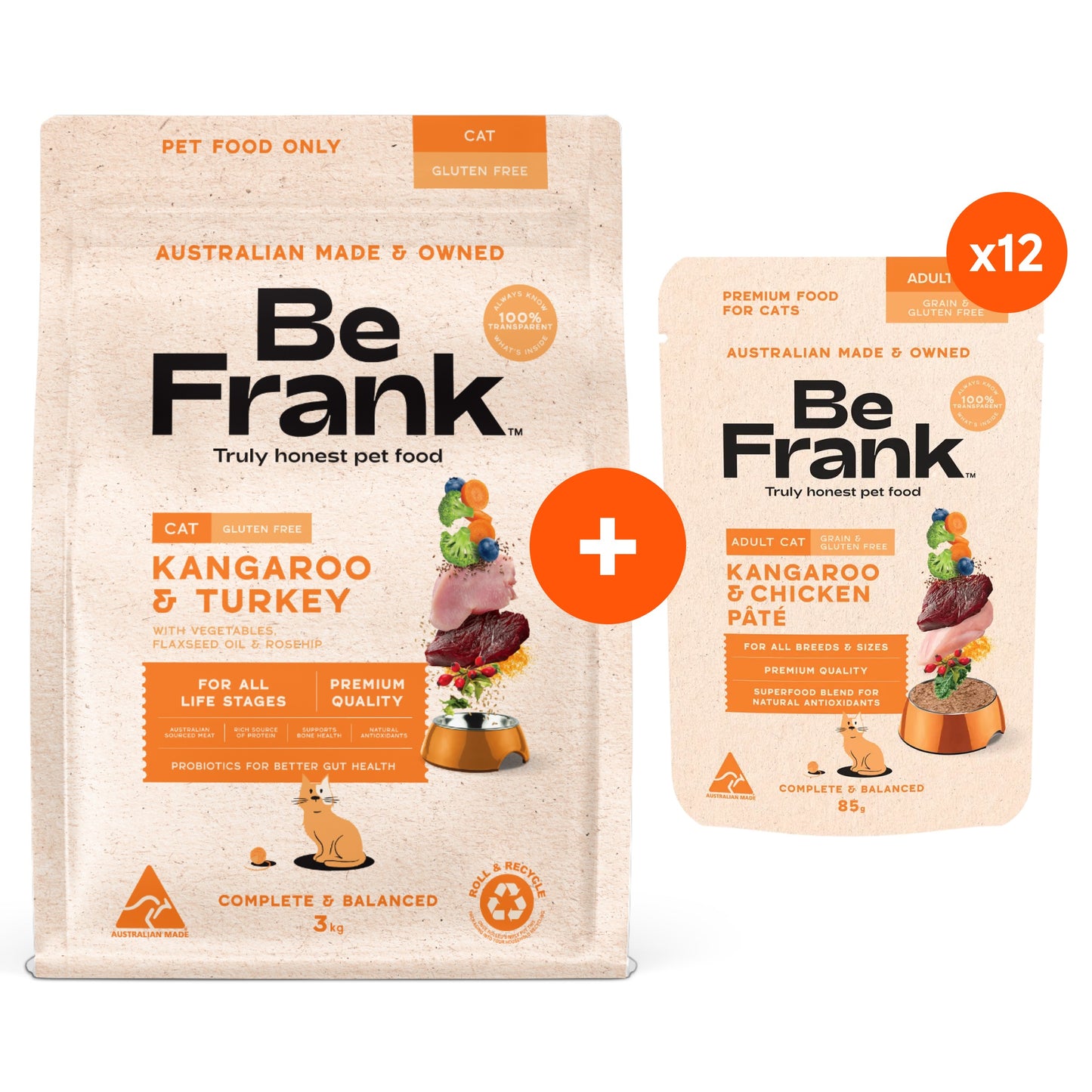 Be Frank Grain Free Kangaroo & Turkey/Chicken Dry & Wet Cat Food Bundle
