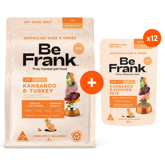 Be Frank Grain Free Kangaroo & Turkey/Chicken Dry & Wet Cat Food Bundle