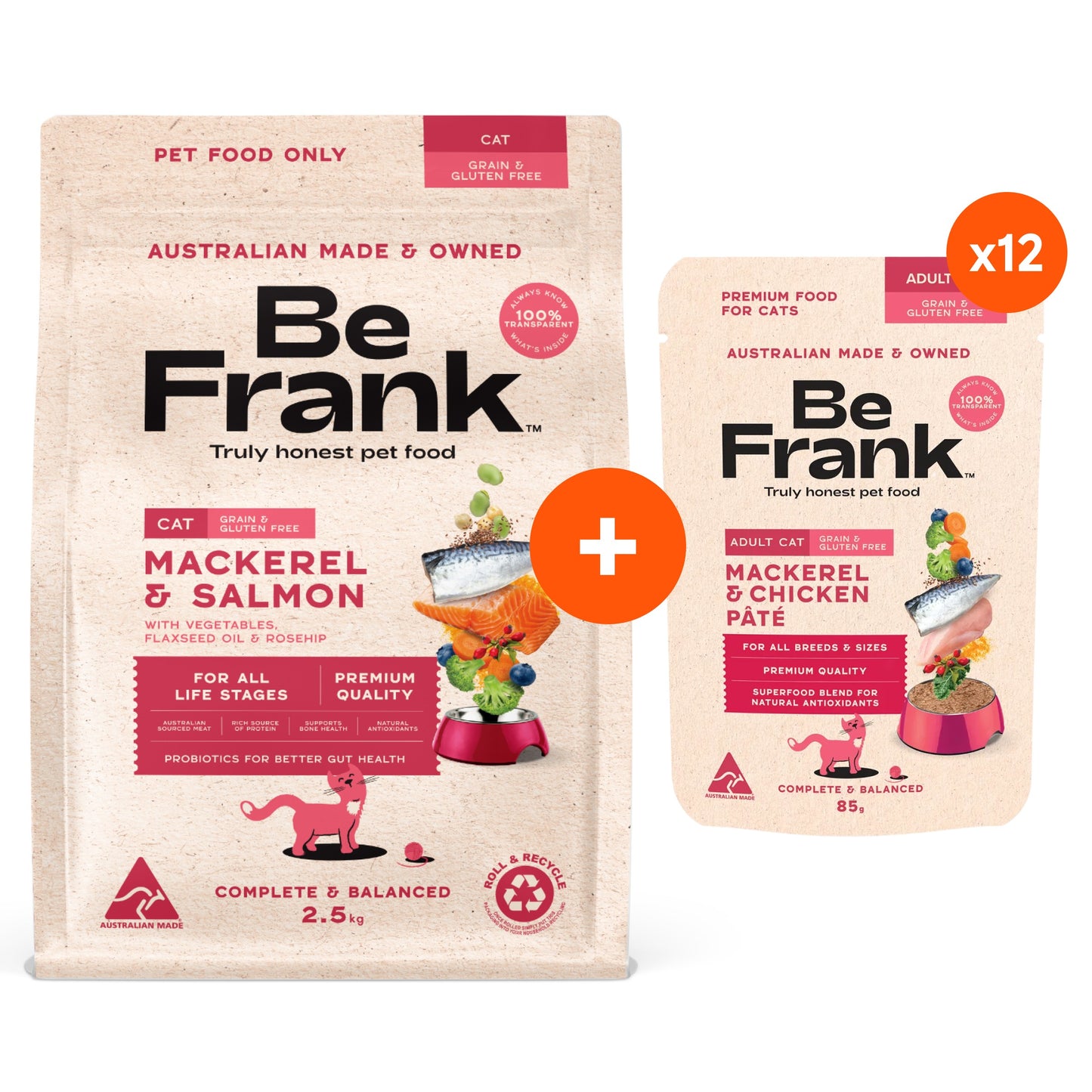Be Frank Grain Free Mackerel & Salmon Dry & Wet Cat Food Bundle