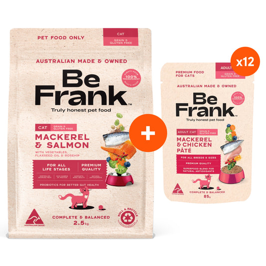Be Frank Grain Free Mackerel & Salmon Dry & Wet Cat Food Bundle