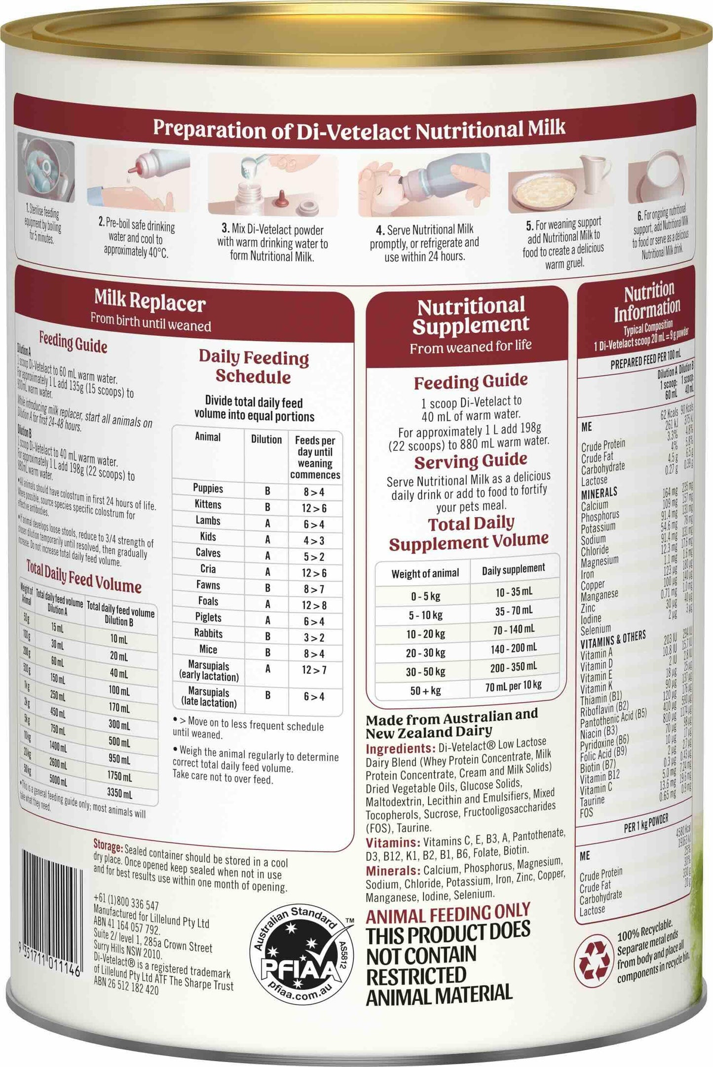 Di-Vetelact Low Lactose Milk Replacer