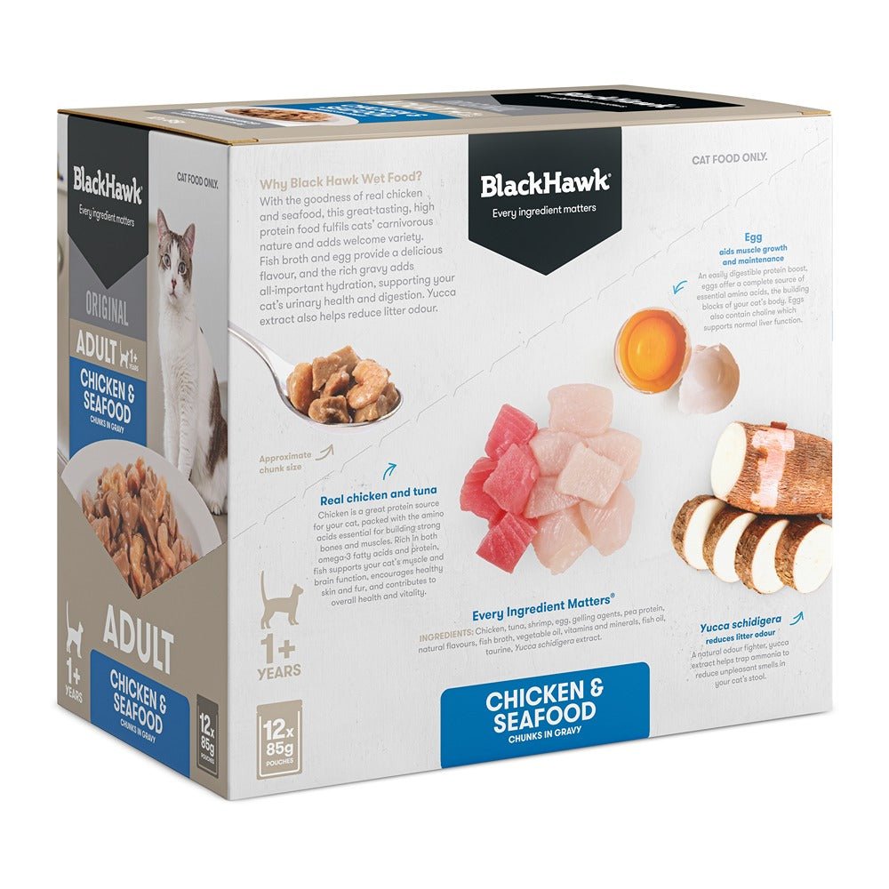 Black Hawk Original Cat Food Chicken Seafood in Gravy 85g - PetPost Australia