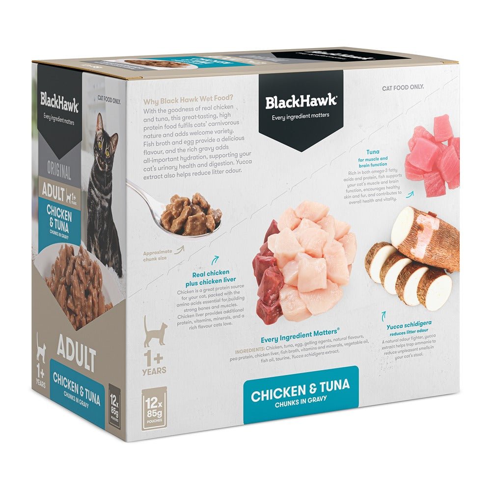 Black Hawk Original Cat Food Chicken Tuna in Gravy 85g - PetPost Australia