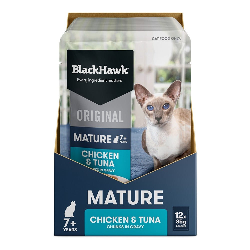 Black Hawk Original Mature 7+ Cat Food Chicken Tuna in Gravy 85g - PetPost Australia