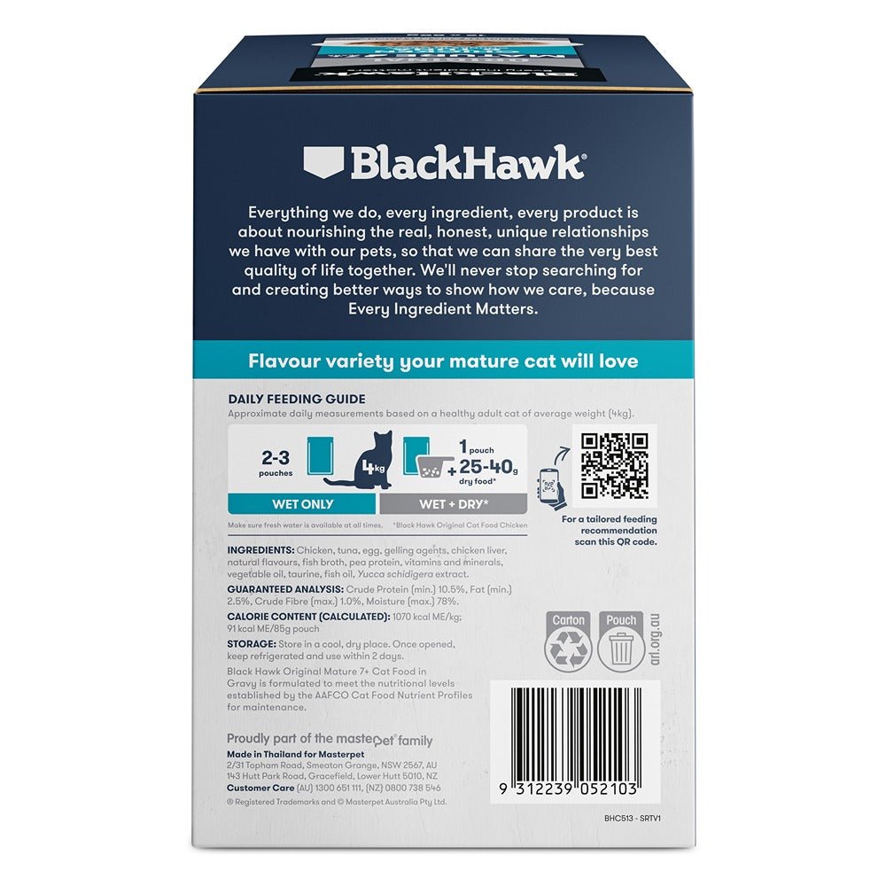 Black Hawk Original Mature 7+ Cat Food Chicken Tuna in Gravy 85g - PetPost Australia