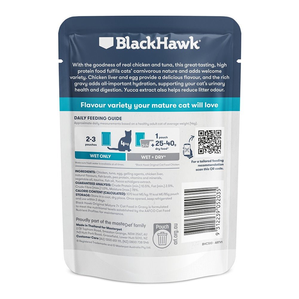 Black Hawk Original Mature 7+ Cat Food Chicken Tuna in Gravy 85g - PetPost Australia