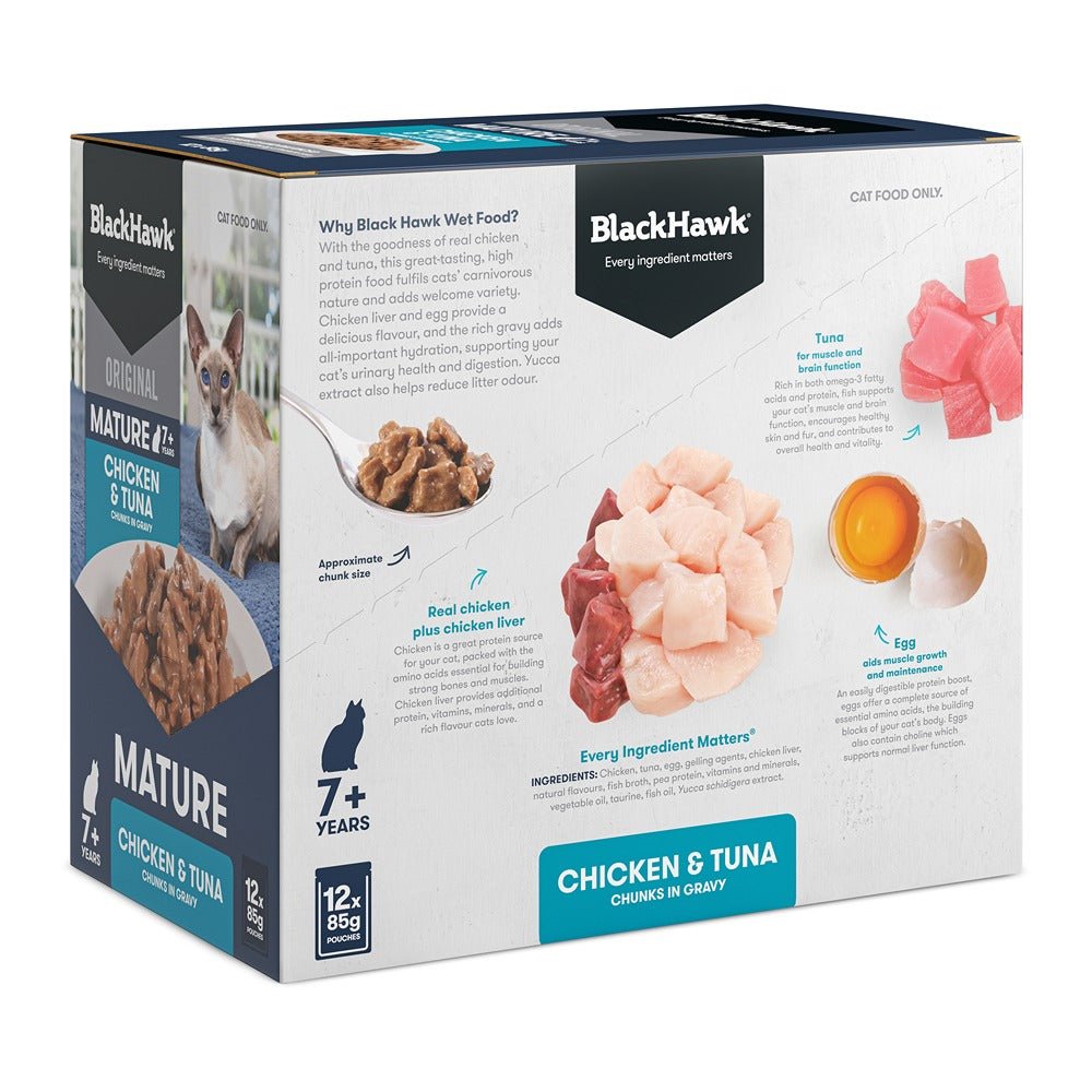Black Hawk Original Mature 7+ Cat Food Chicken Tuna in Gravy 85g - PetPost Australia