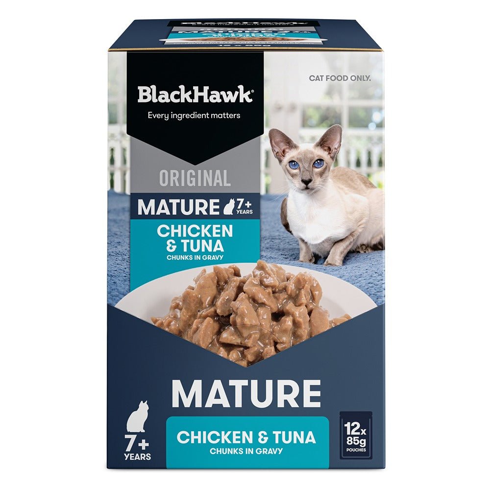 Black Hawk Original Mature 7+ Cat Food Chicken Tuna in Gravy 85g - PetPost Australia