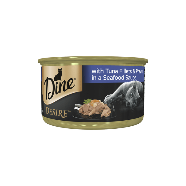 Dine Desire Tuna Fillets & Whole Prawns In A Seafood Sauce Wet Cat Food - PetPost Australia