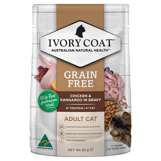 Ivory Coat Grain Free Adult Wet Cat Food Chicken & Kangaroo in Gravy 85g - PetPost Australia