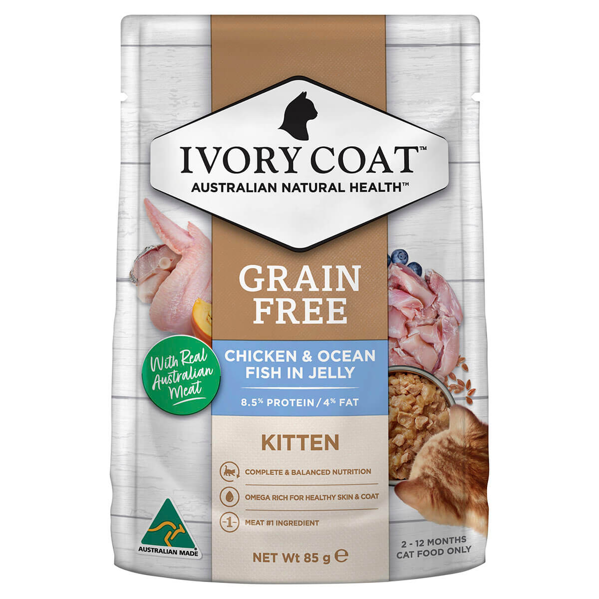 Ivory Coat Grain Free Kitten Wet Food Chicken & Ocean Fish in Jelly 85g - PetPost Australia
