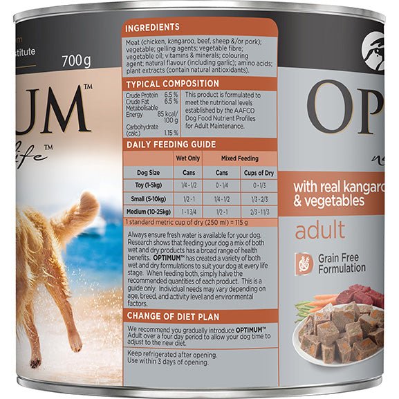 Optimum Real Kangaroo & Vegetables Adult Wet Dog Food Can 700g - PetPost Australia