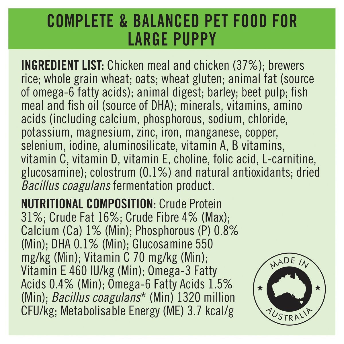 Pro Plan Large Breed Puppy Chicken Formula with Colostrum & Probiotic - PetPost Australia