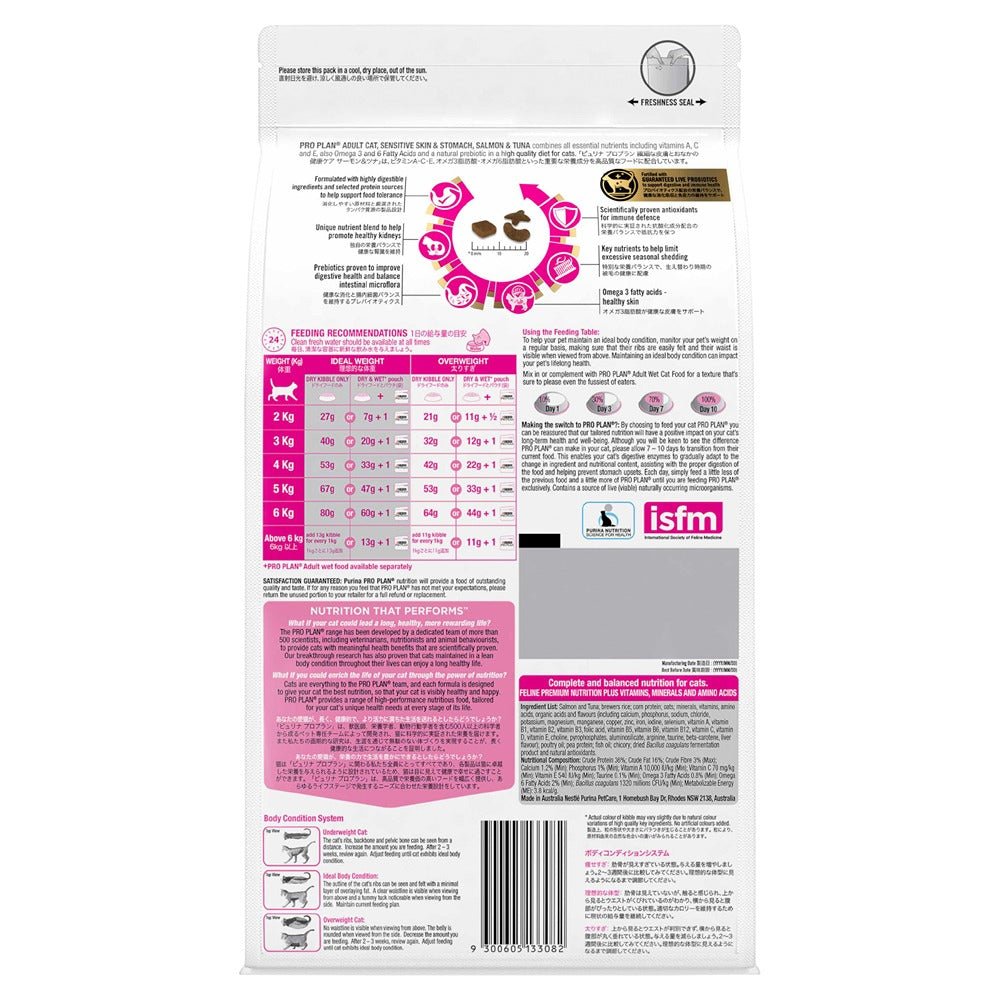 Pro Plan Sensitive Skin & Stomach Salmon & Tuna Formula Dry Cat Food 1.5kg - PetPost Australia