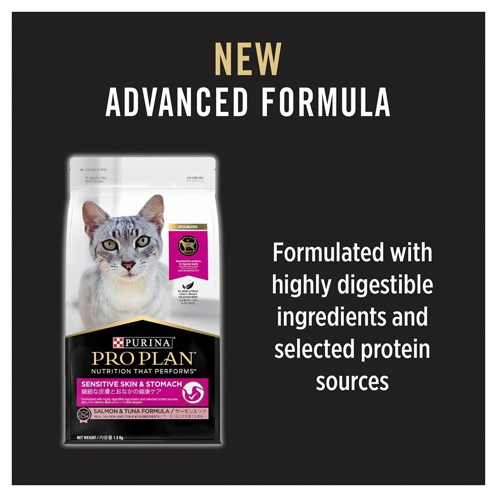 Pro Plan Sensitive Skin & Stomach Salmon & Tuna Formula Dry Cat Food 1.5kg - PetPost Australia