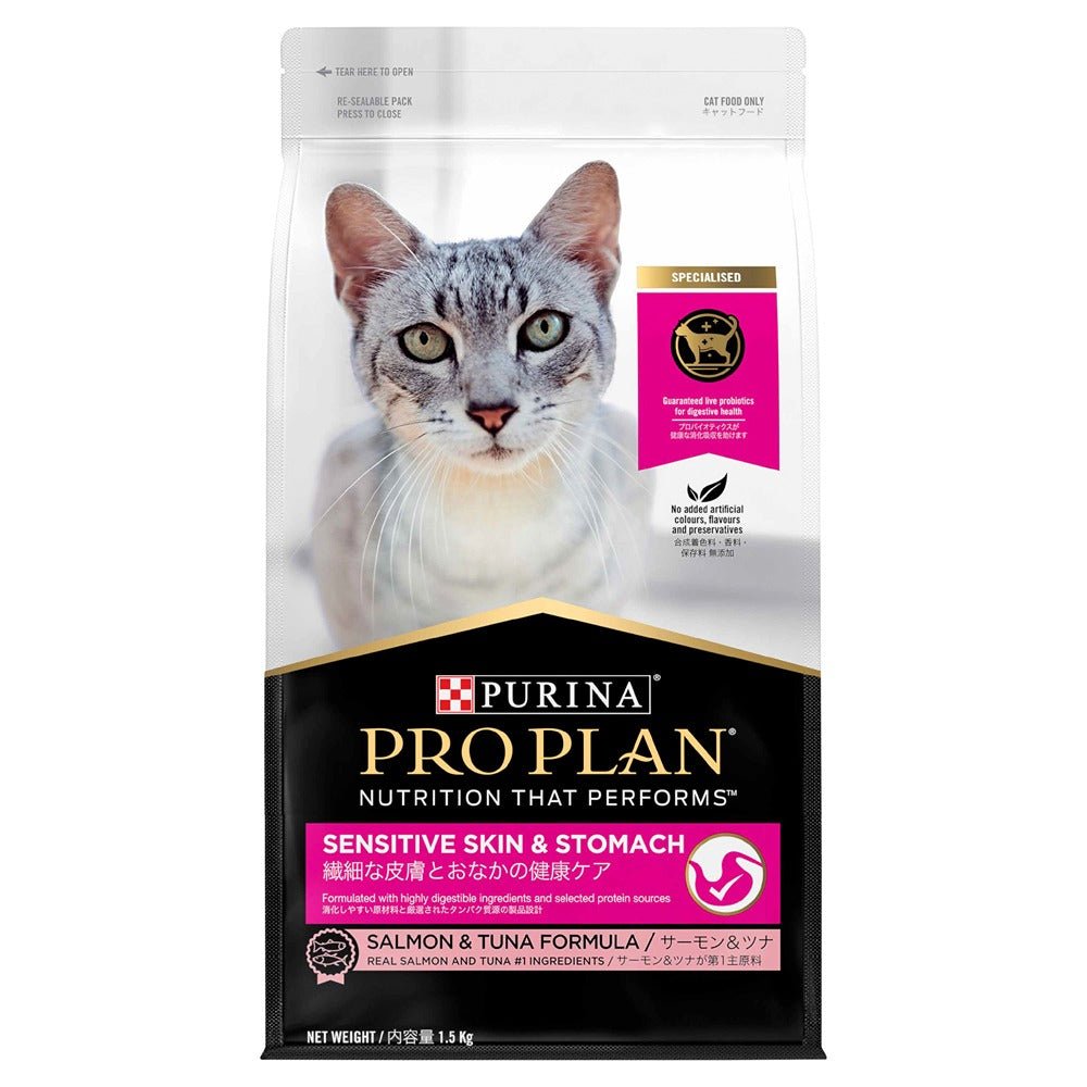 Pro Plan Sensitive Skin & Stomach Salmon & Tuna Formula Dry Cat Food 1.5kg - PetPost Australia