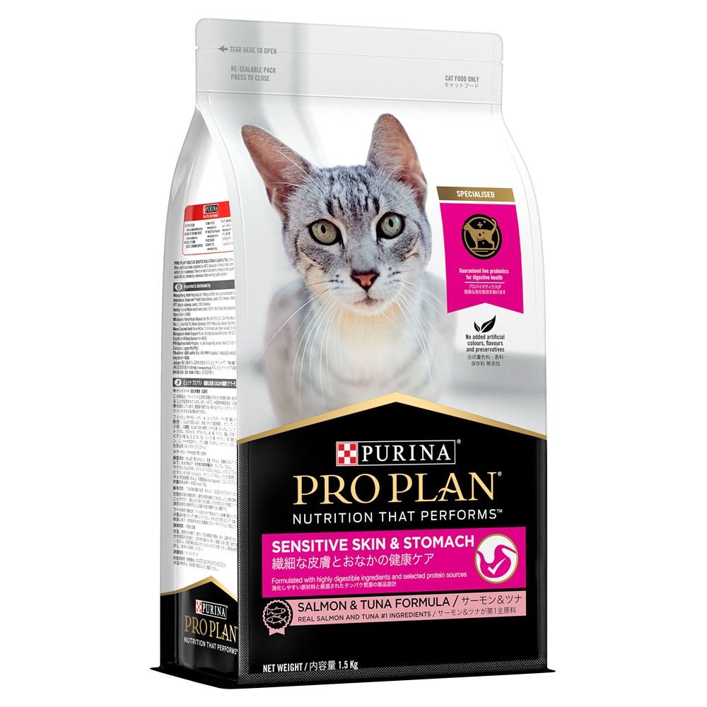 Pro Plan Sensitive Skin & Stomach Salmon & Tuna Formula Dry Cat Food 1.5kg - PetPost Australia