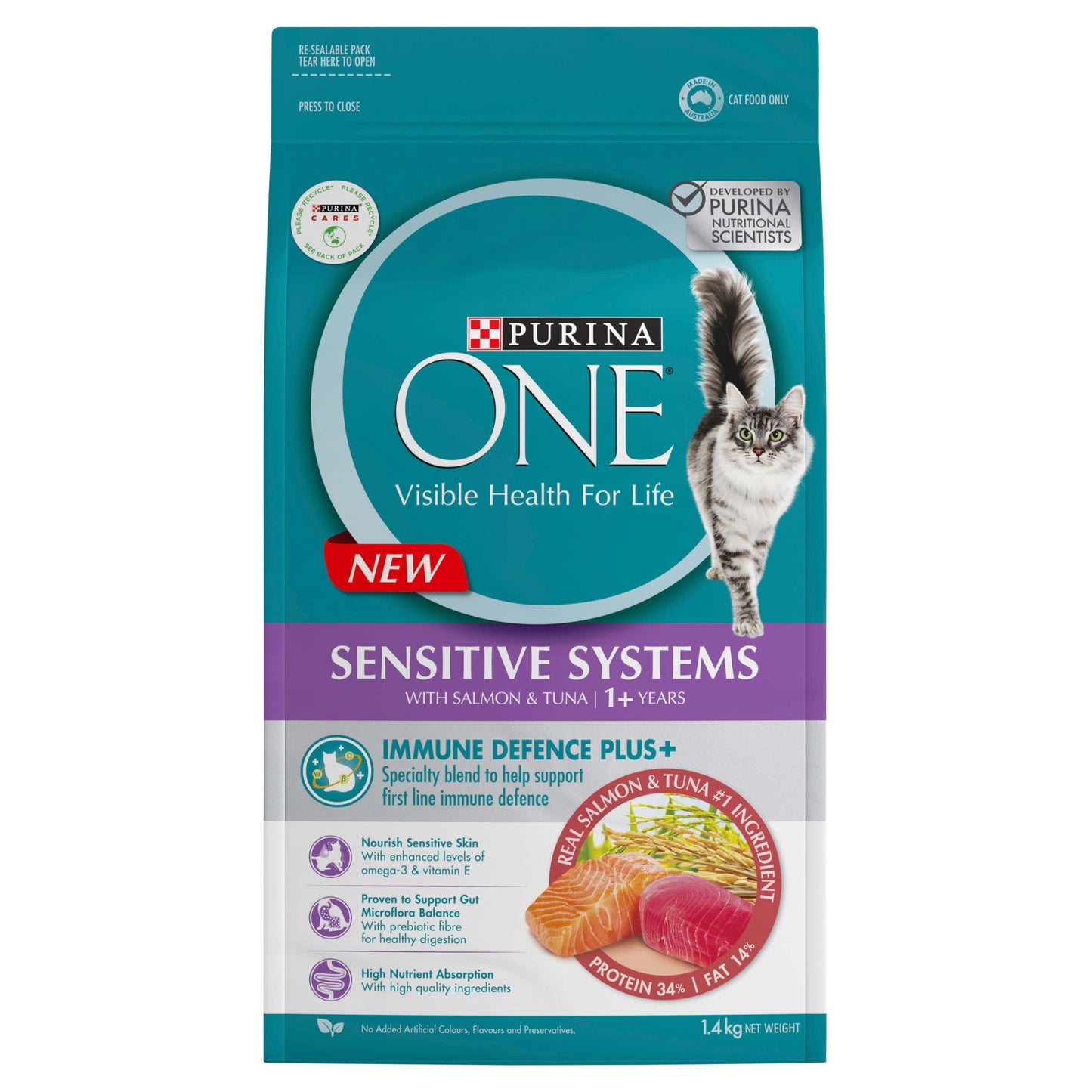 Purina One Adult Sensitive Salmon and Tuna Dry Cat Food 1.4Kg - PetPost Australia