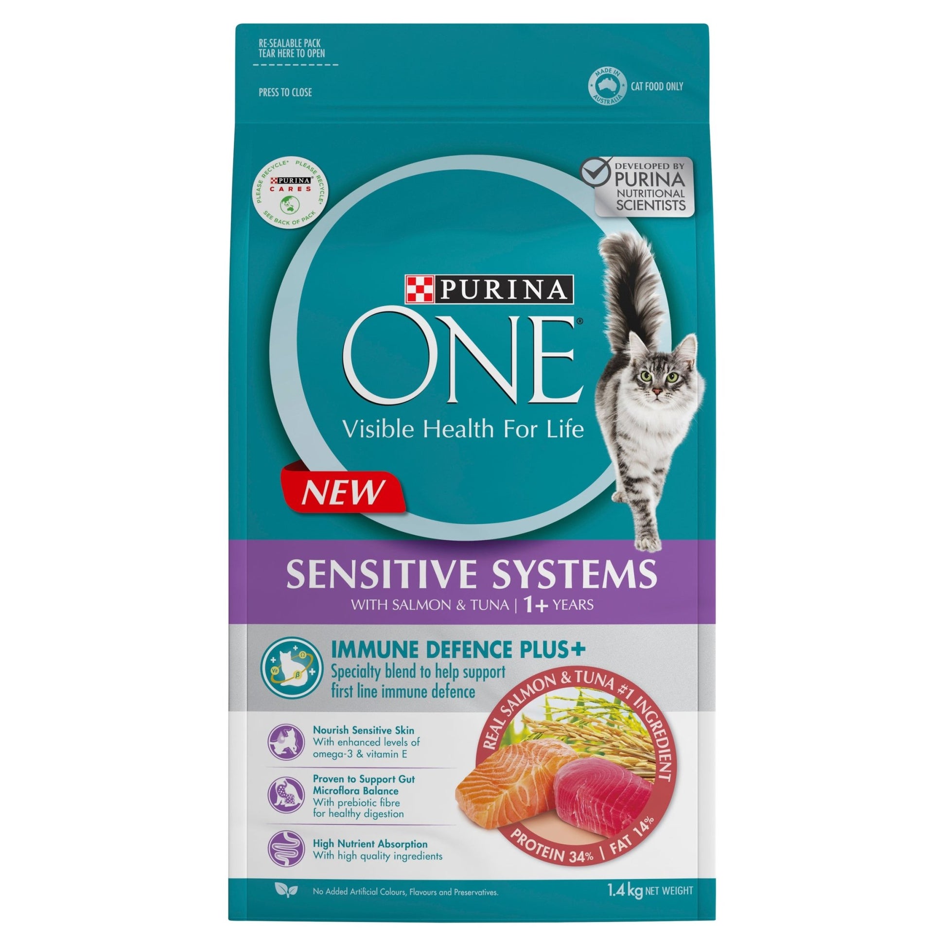 Purina One Adult Sensitive Salmon and Tuna Dry Cat Food 1.4Kg - PetPost Australia
